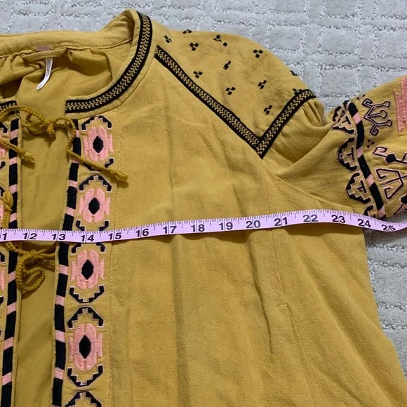 Free People Women’s Embroidered Linen Blend Blouse Jacket Mustard Hippie Boho M - Picture 9 of 12